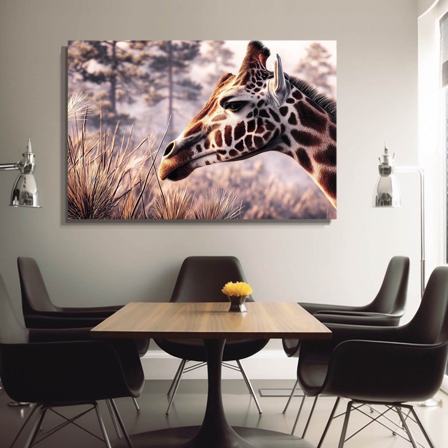 Modern interior with a giraffe painting on the wall above a table and chairs.