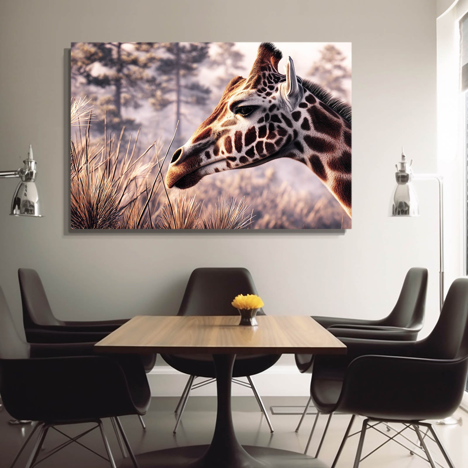 Modern interior with a giraffe painting on the wall above a table and chairs.