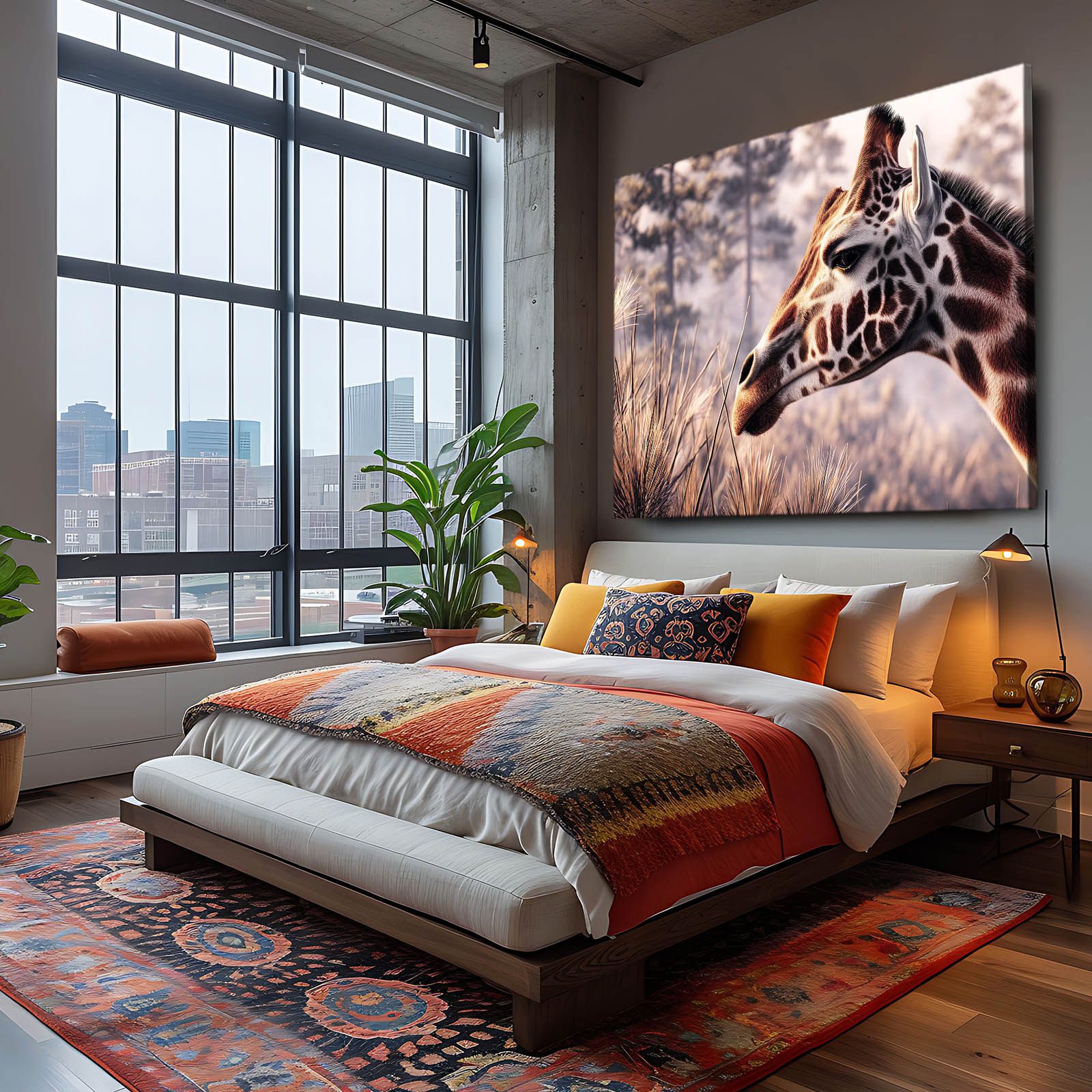 Modern bedroom with large giraffe painting on the wall