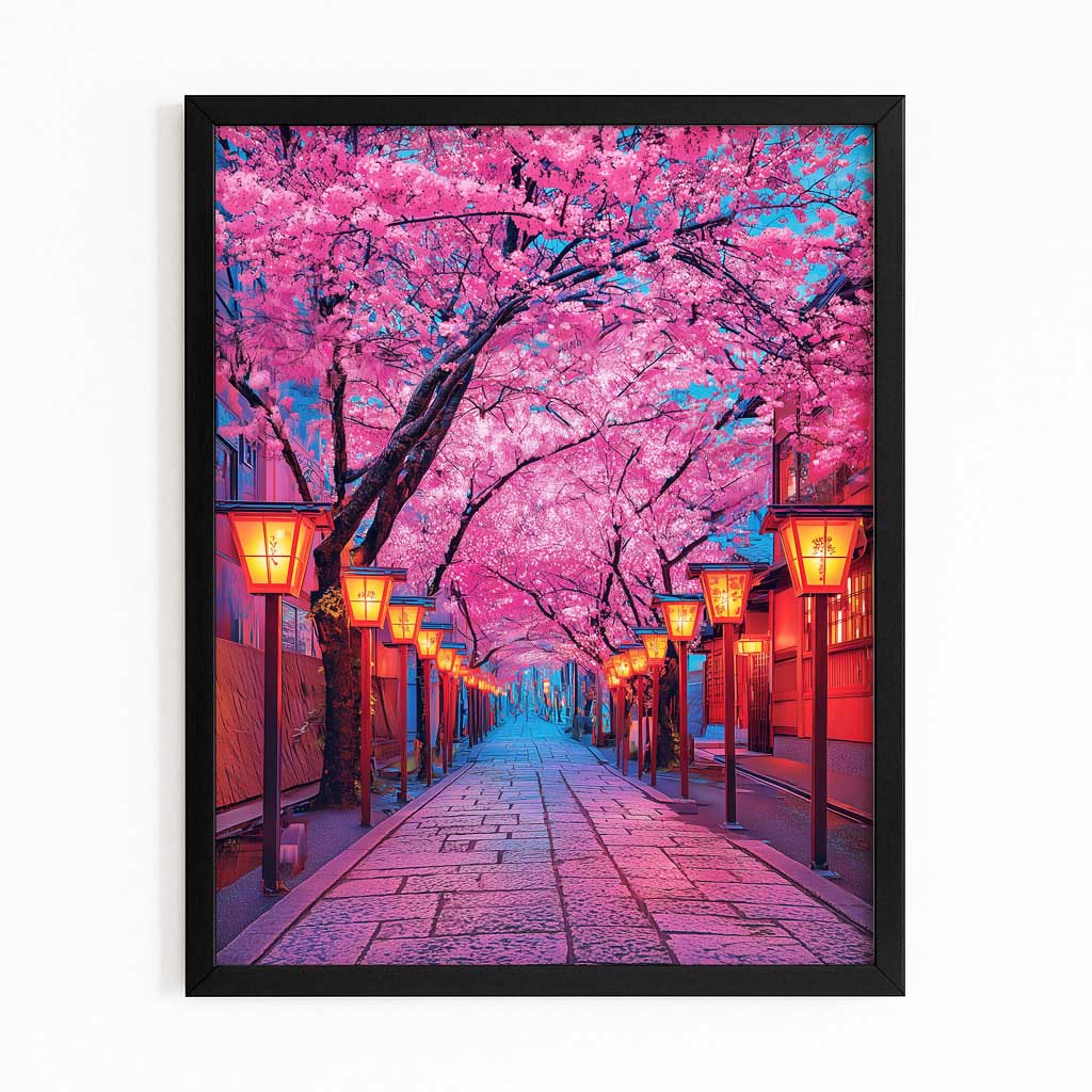 Lantern Alley Cherry Blossom Canvas Art – with Premium Black frame on white background