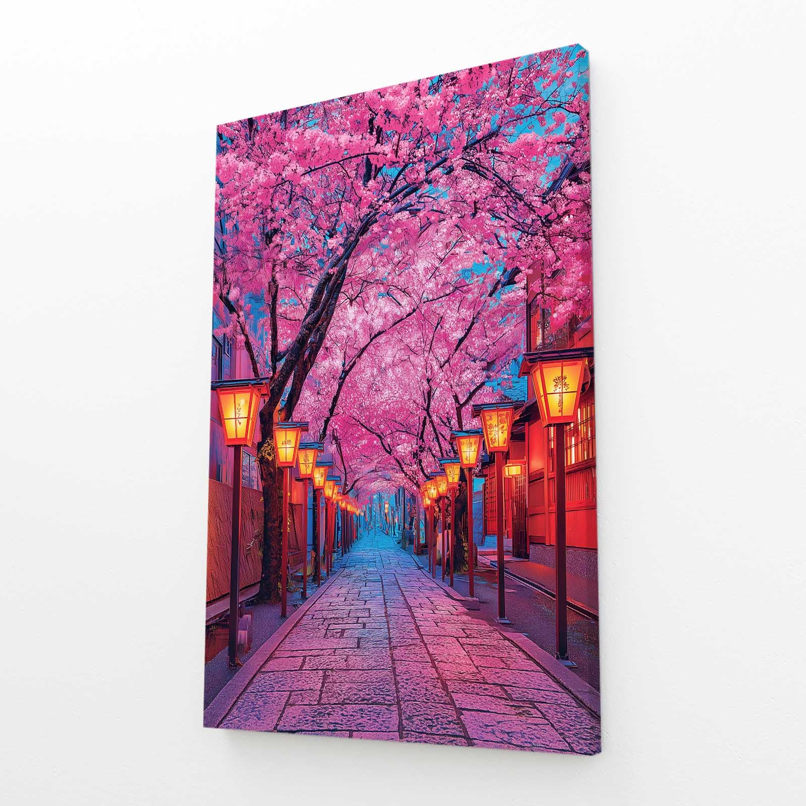 Lantern Alley Cherry Blossom Canvas Art – angled canvas view on white background