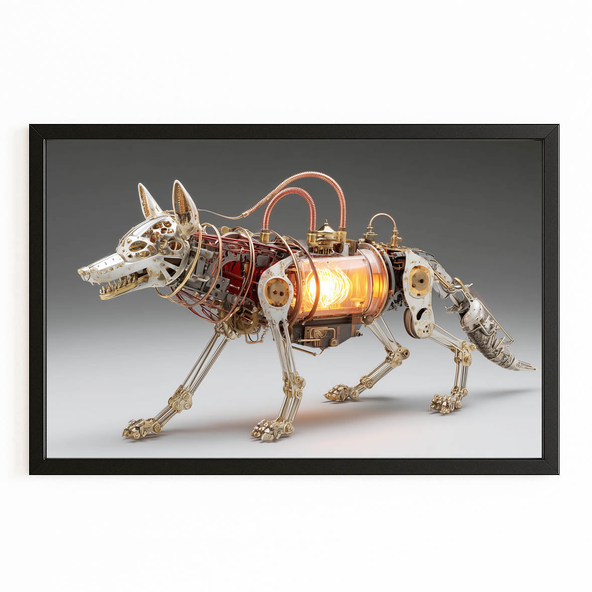 Lantern-Core Wolf Steampunk Art – with Premium Black frame on white background
