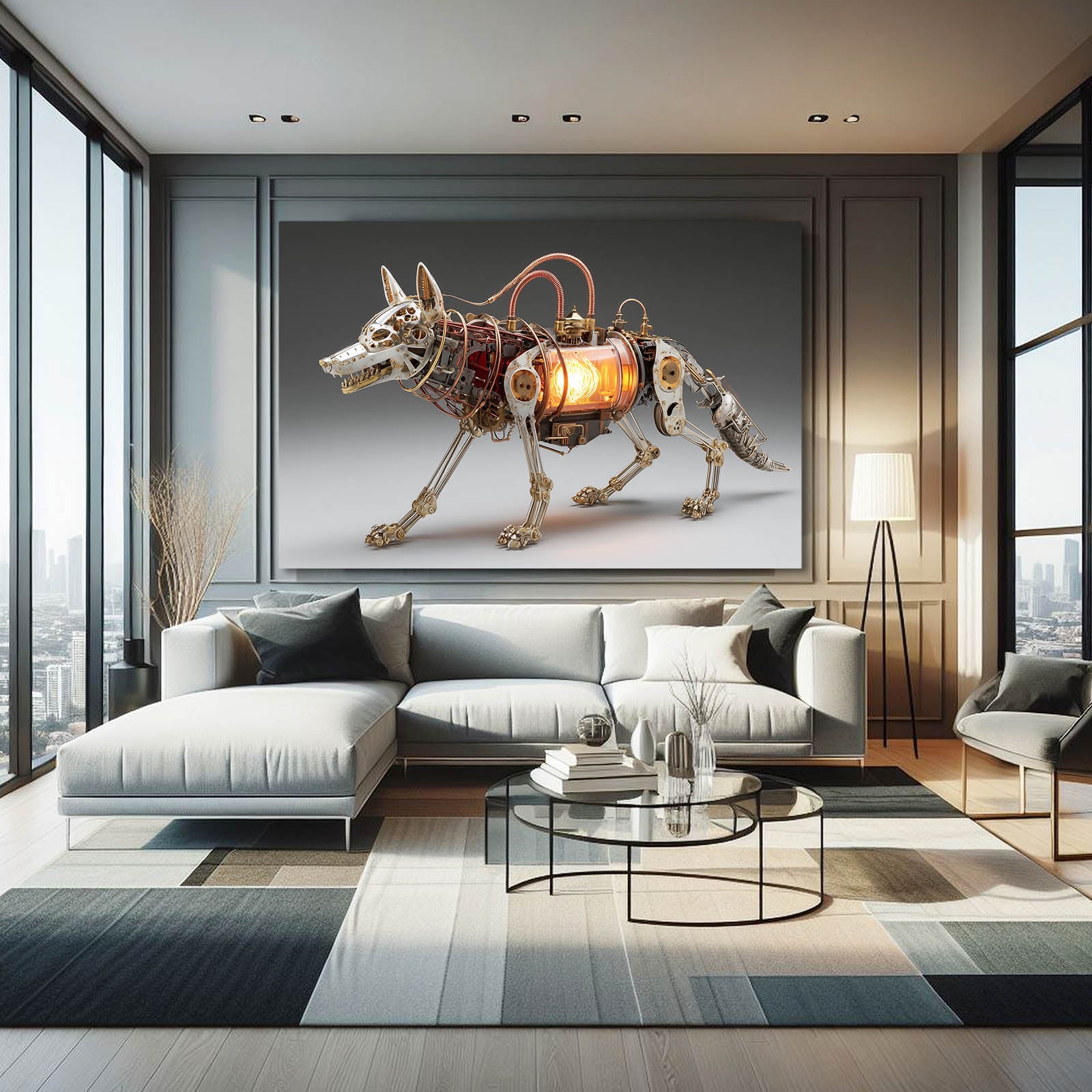 Lantern-Core Wolf Steampunk Art – styled in a furnished interior