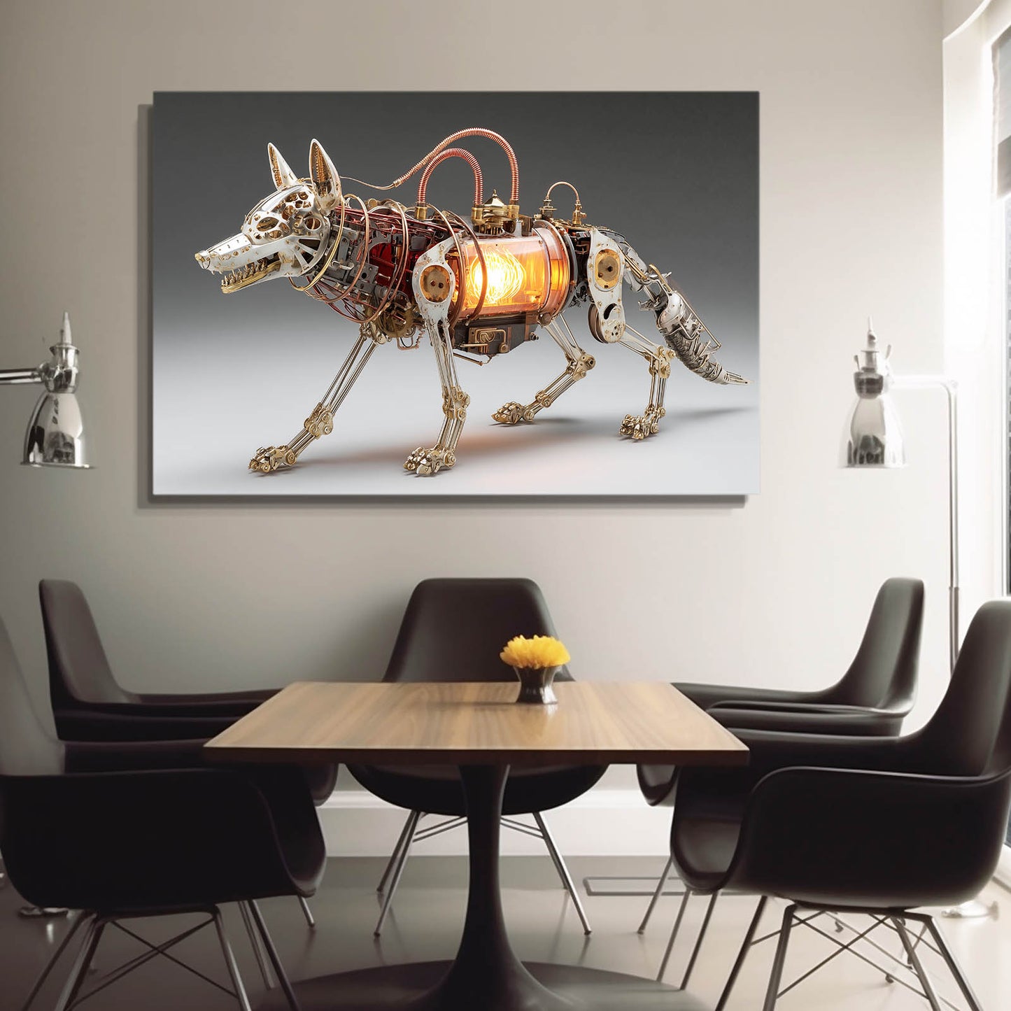 Lantern-Core Wolf Steampunk Art – styled in a furnished interior