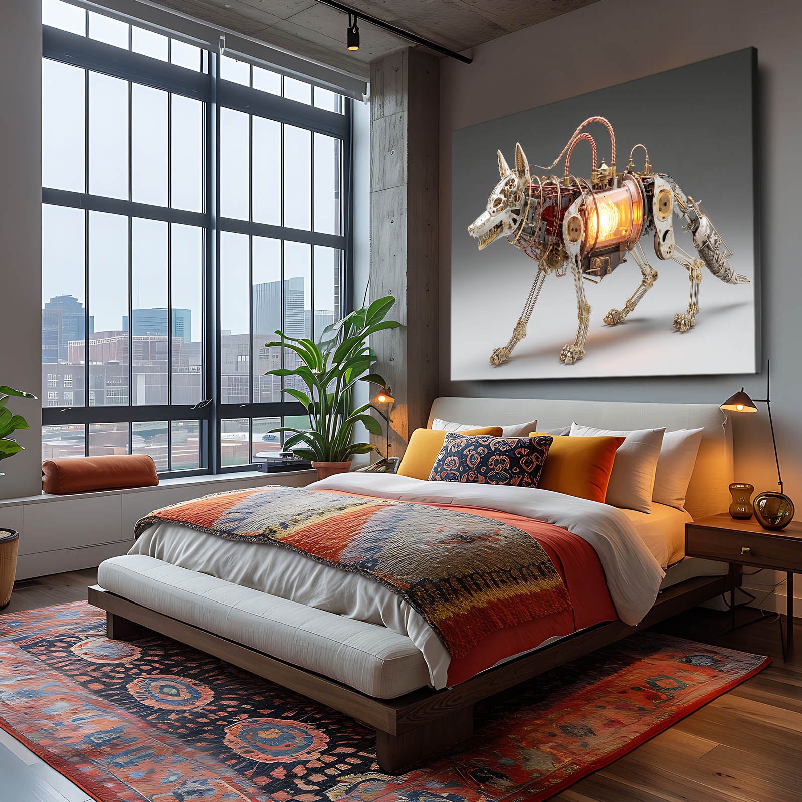 Lantern-Core Wolf Steampunk Art – styled in a furnished interior