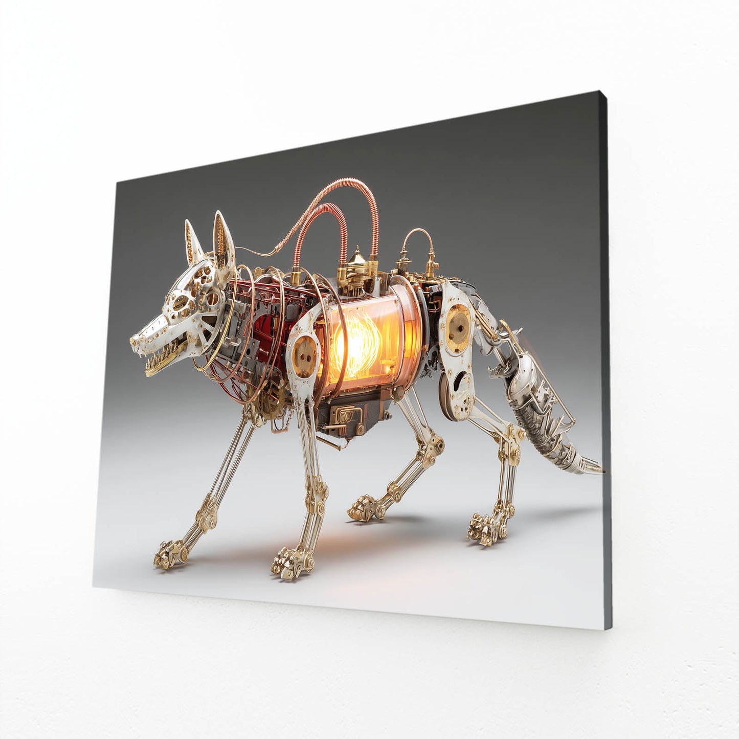 Lantern-Core Wolf Steampunk Art – angled canvas view on white background