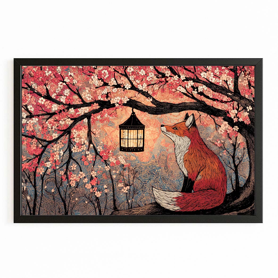 Lantern Fox Cherry Blossom Canvas – with Premium Black frame on white background