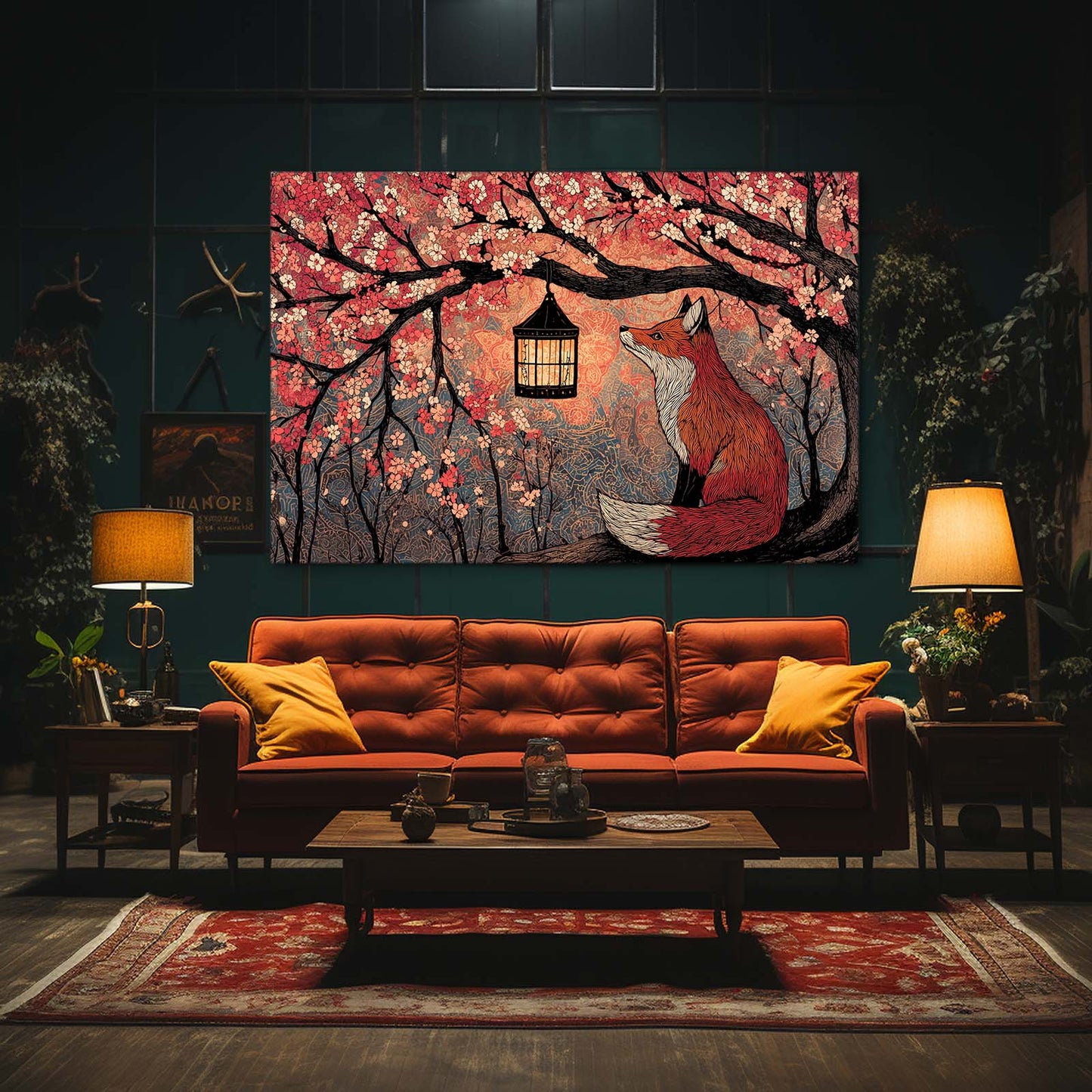 Lantern Fox Cherry Blossom Canvas – styled in a furnished interior