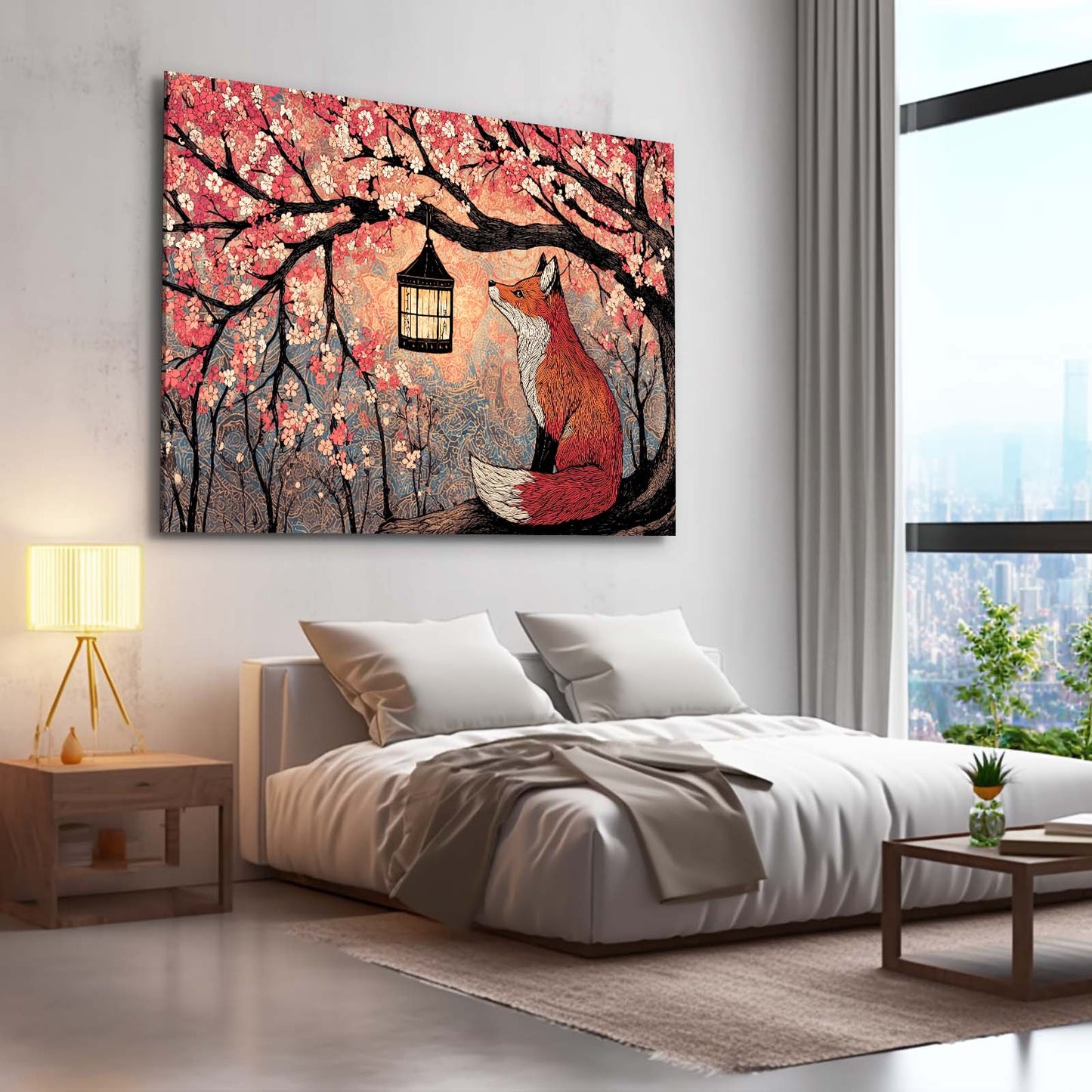 Lantern Fox Cherry Blossom Canvas – styled in a furnished interior
