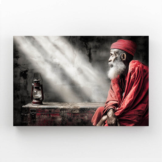 Lantern Light Photography Prints – elder in crimson robes beside a lantern, rays of light
