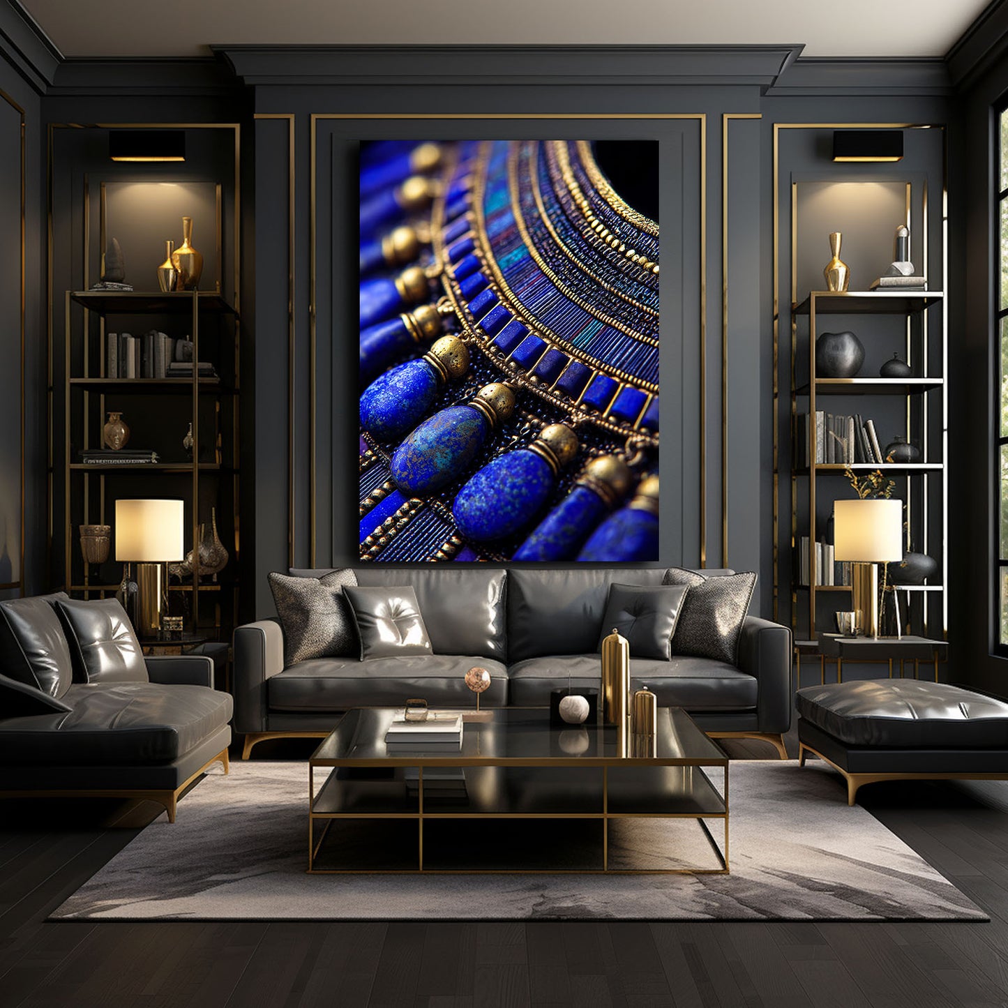 Lapis Jewelry Closeup Egyptian Prints – styled in a furnished interior