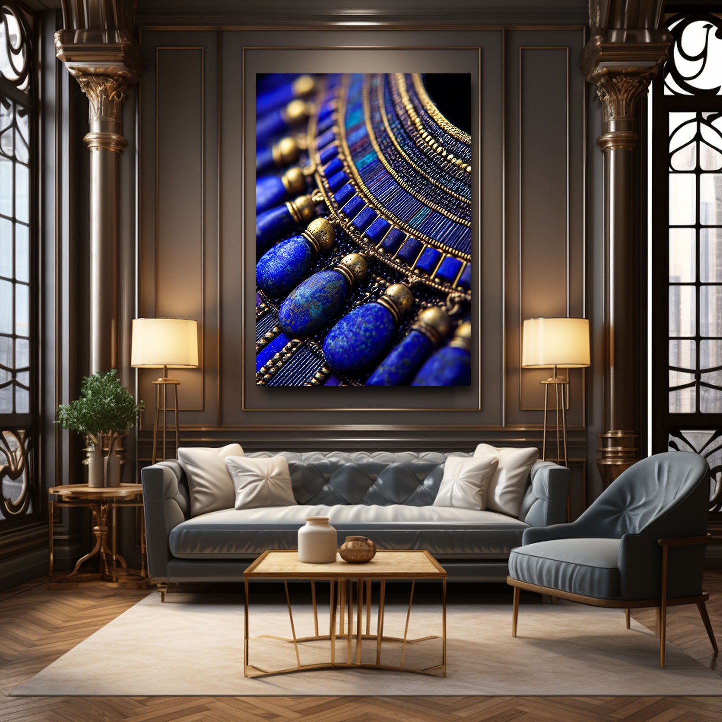 Lapis Jewelry Closeup Egyptian Prints – styled in a furnished interior