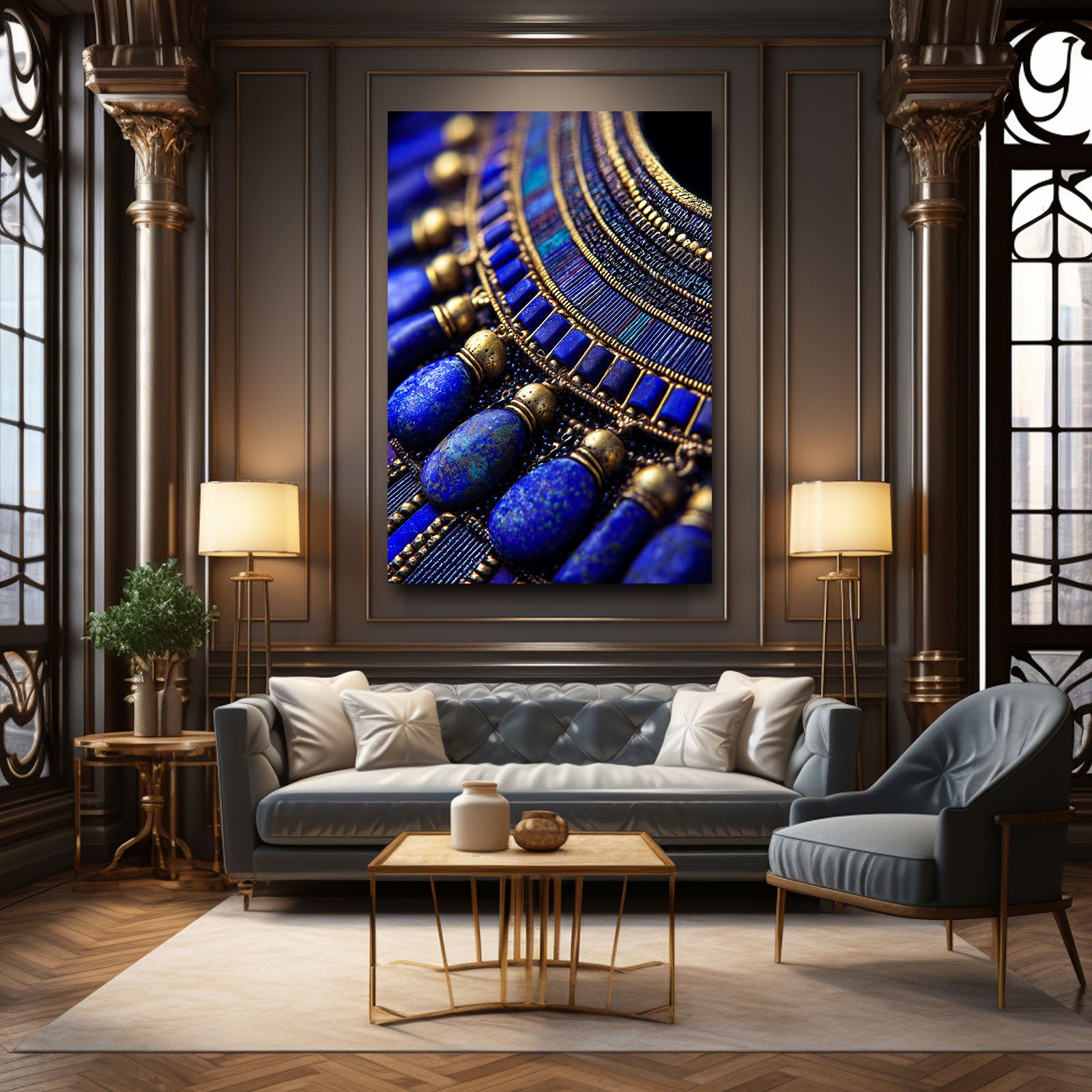 Lapis Jewelry Closeup Egyptian Prints – styled in a furnished interior