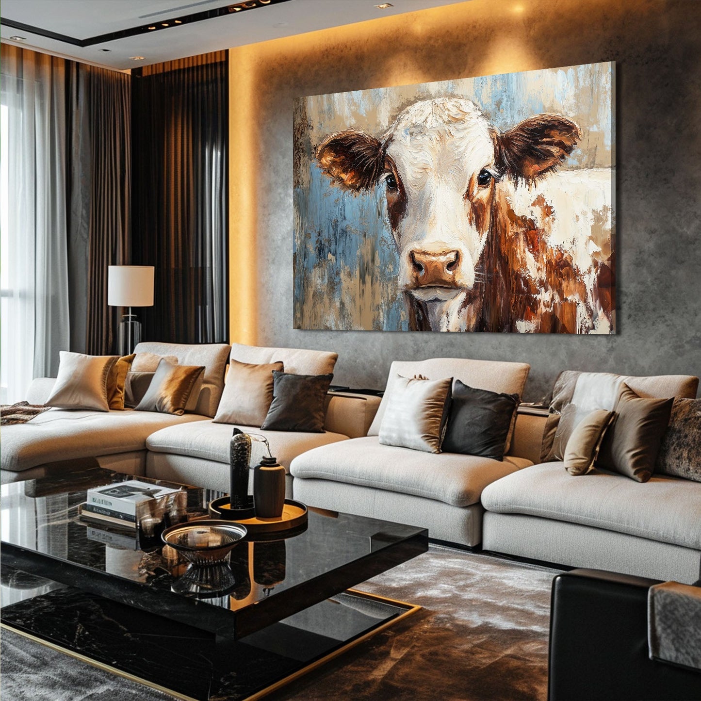 Large Cow Wall Art – angled canvas view on white background