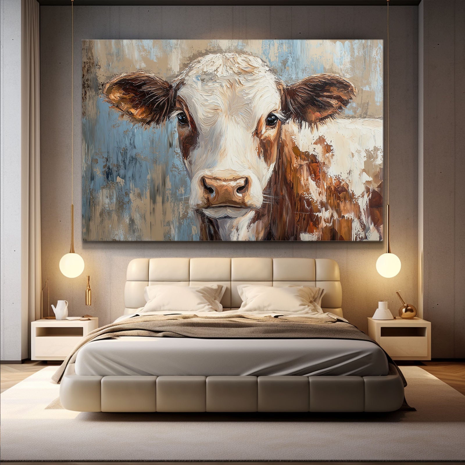 Large Cow Wall Art – angled canvas view on white background
