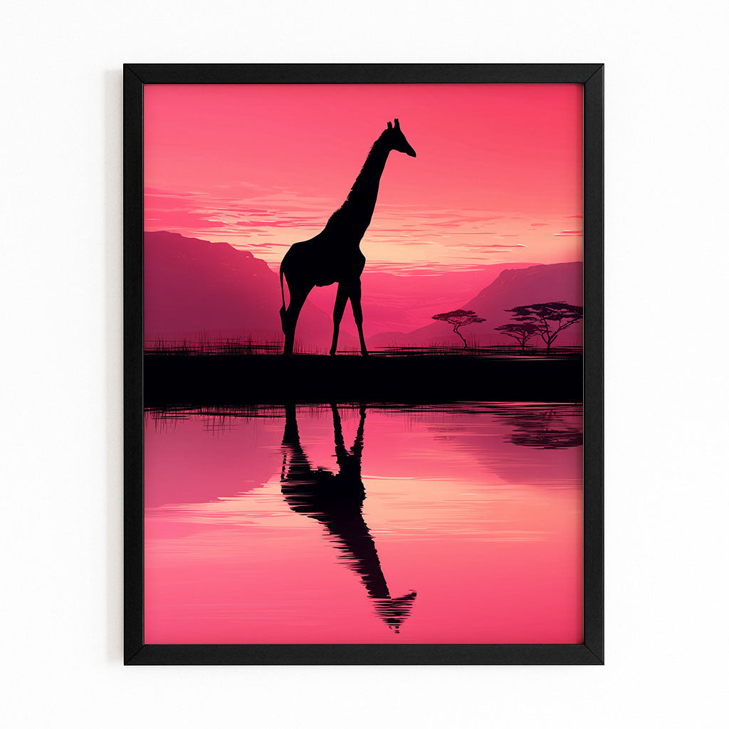 Framed artwork of a giraffe silhouette against a pink sunset with reflection in water