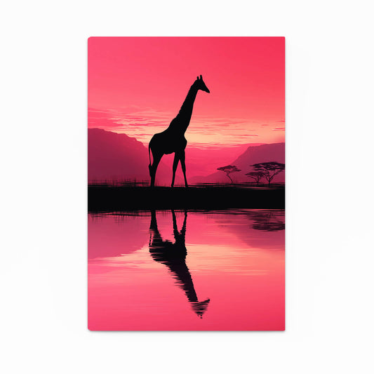 Silhouette of a giraffe against a pink sunset with reflection in water