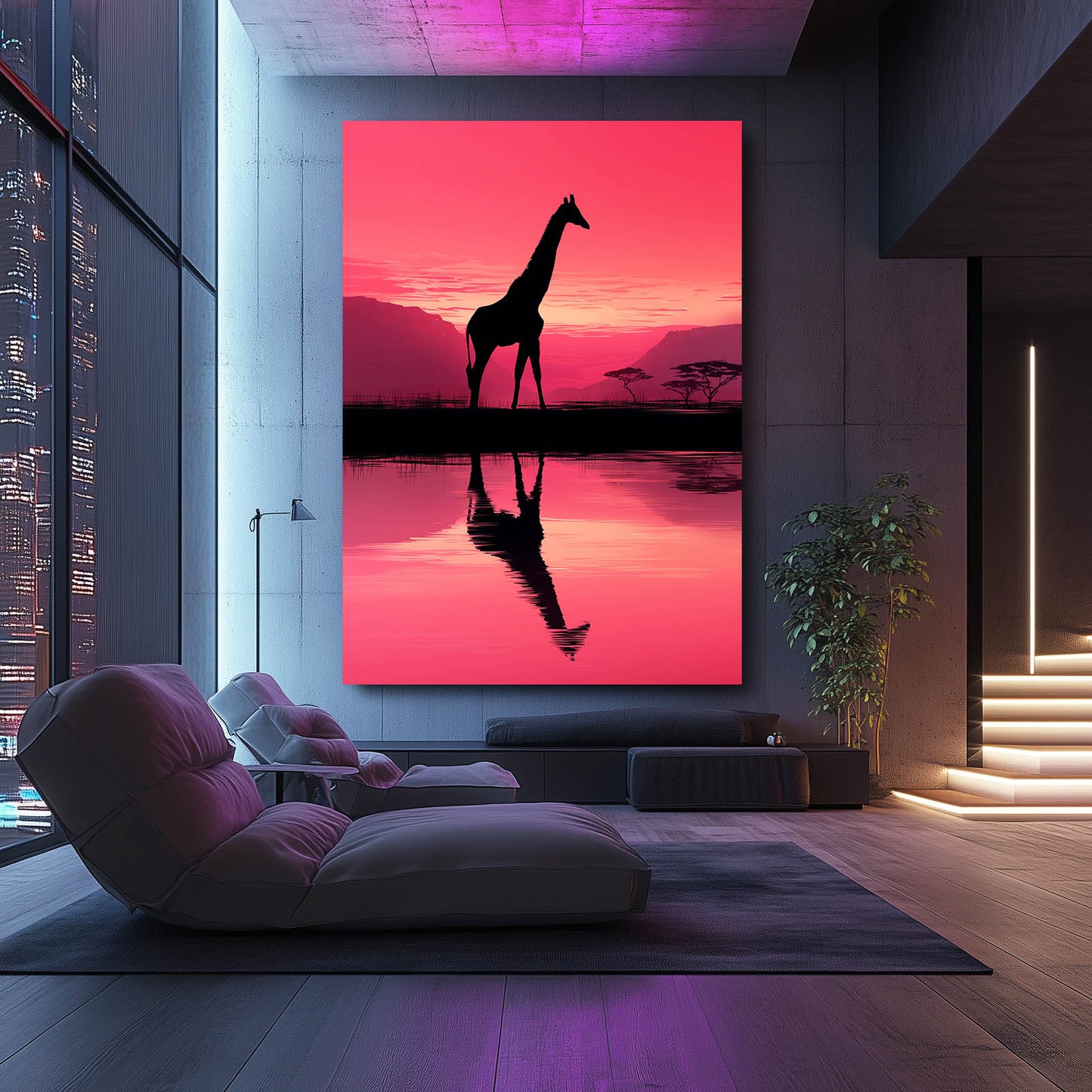 Modern interior with a large pink and purple wall art of a giraffe.