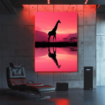 Giraffe silhouette against a pink sunset with reflection on water, displayed in a modern room.