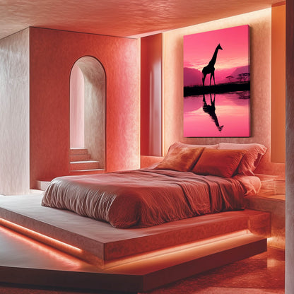 Modern bedroom with pink walls, a bed, and a painting of a giraffe.