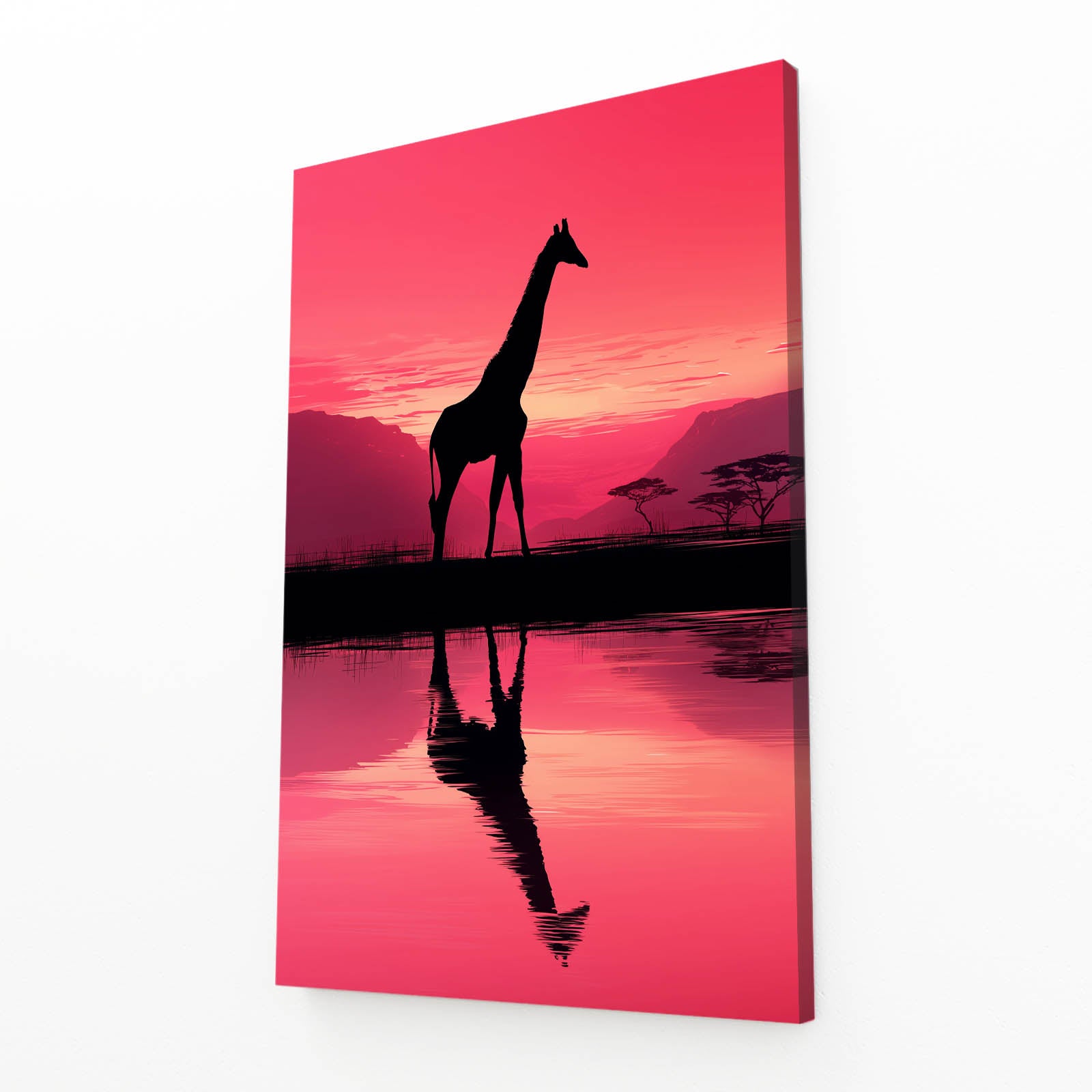 Canvas print of a giraffe silhouette against a pink sunset with reflection on water.