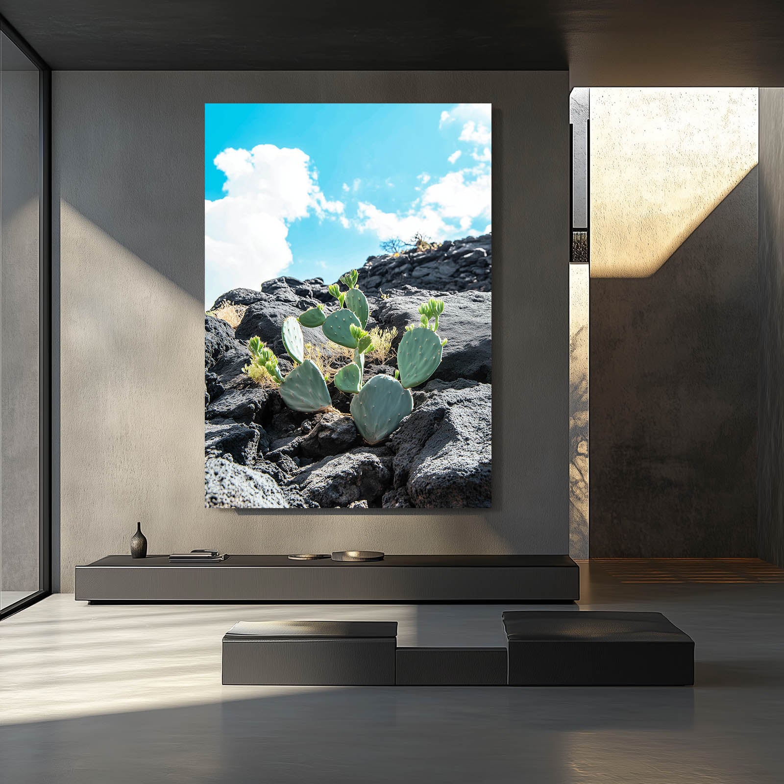 Lava Rock Prickly Cactus Art – styled in a furnished interior