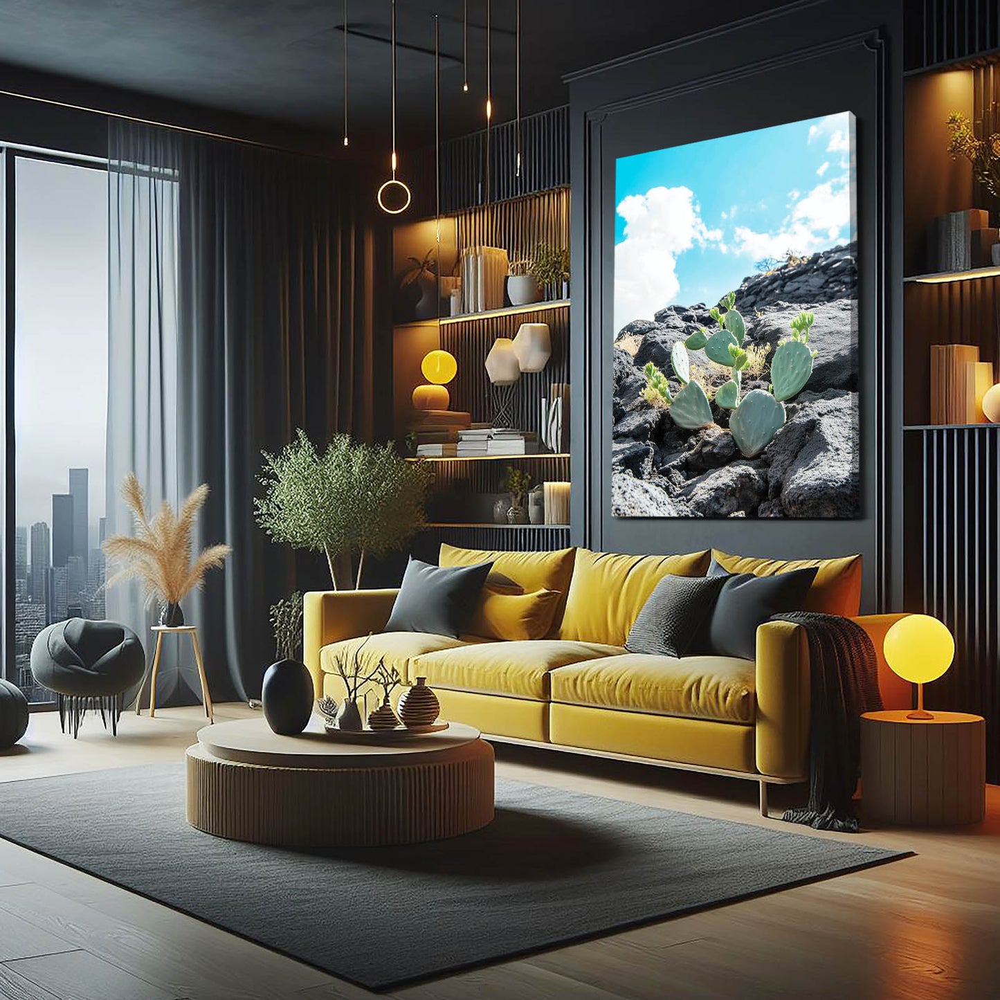 Lava Rock Prickly Cactus Art – styled in a furnished interior