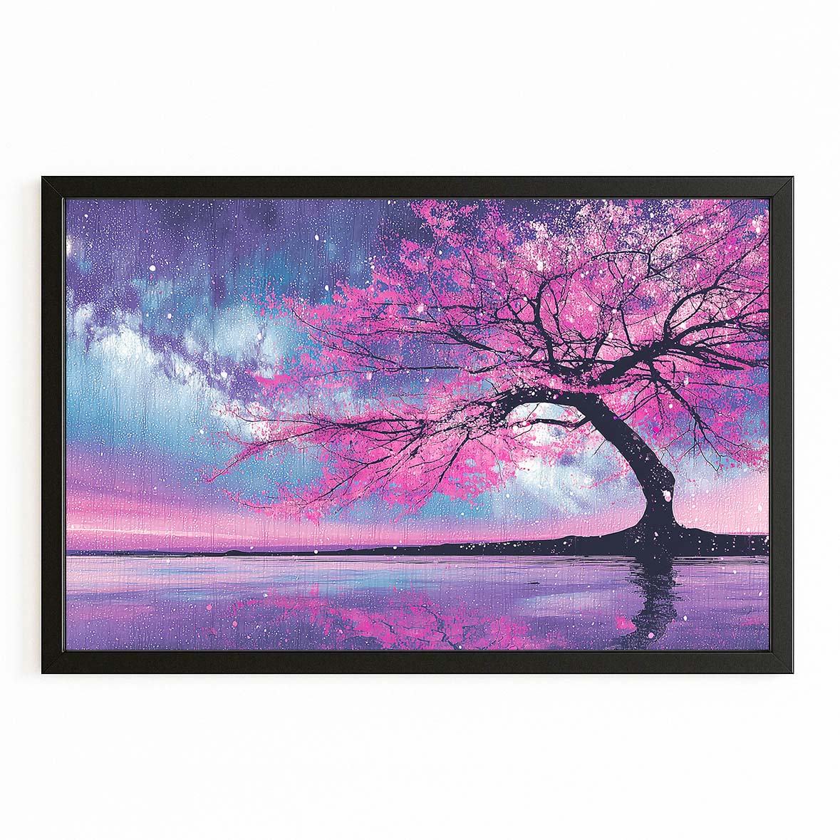 Lavender Lake Tree Cherry Blossom Canvas Art – with Premium Black frame on white background