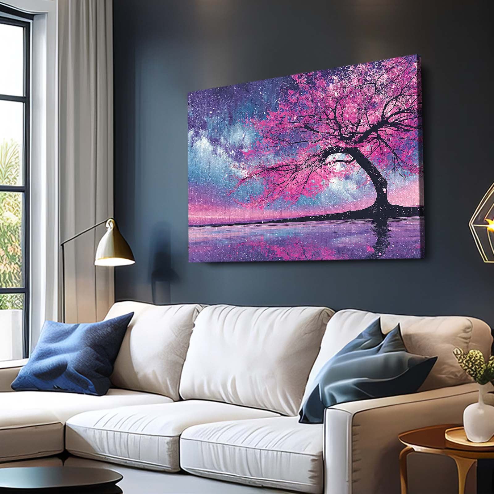 Lavender Lake Tree Cherry Blossom Canvas Art – styled in a furnished interior