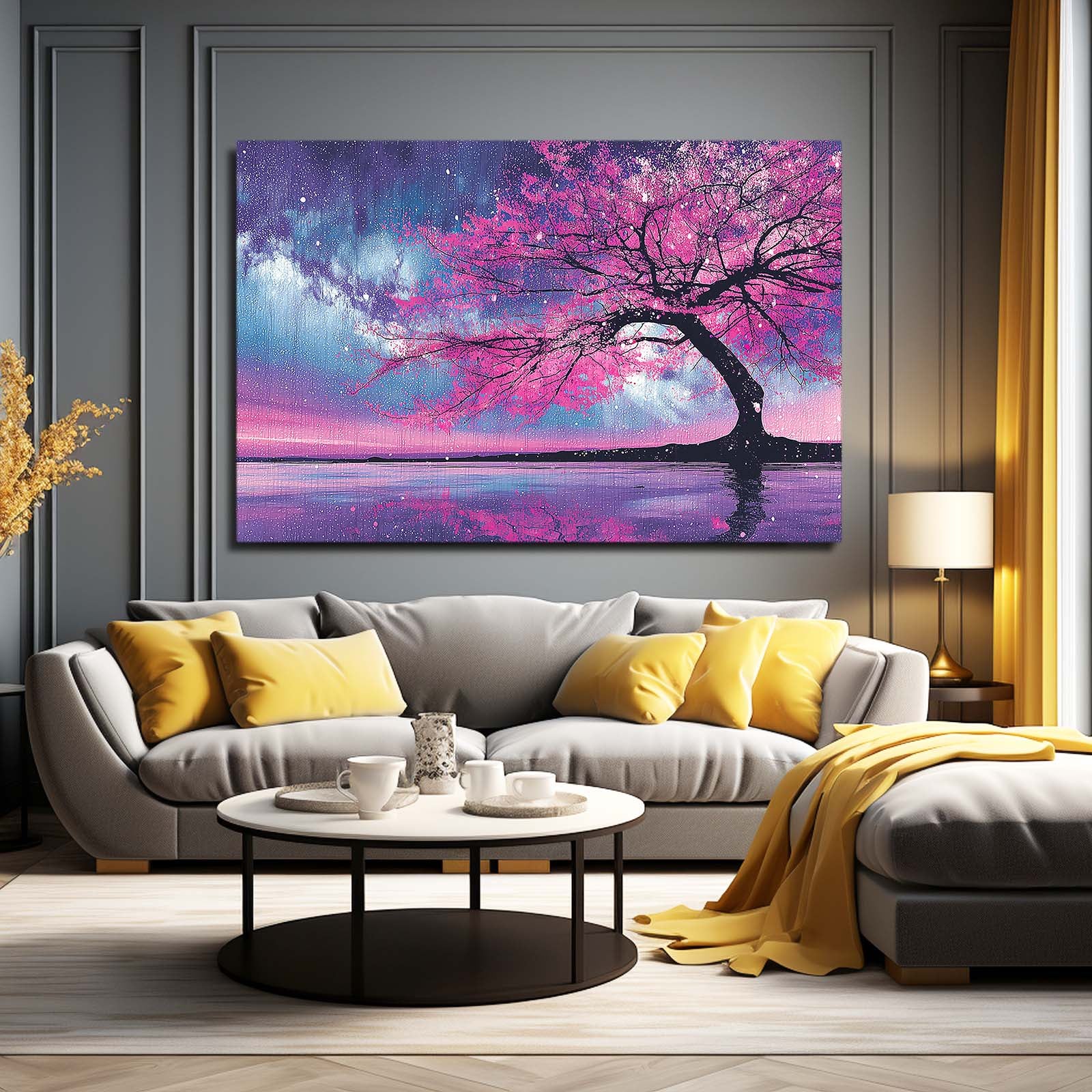 Lavender Lake Tree Cherry Blossom Canvas Art – styled in a furnished interior