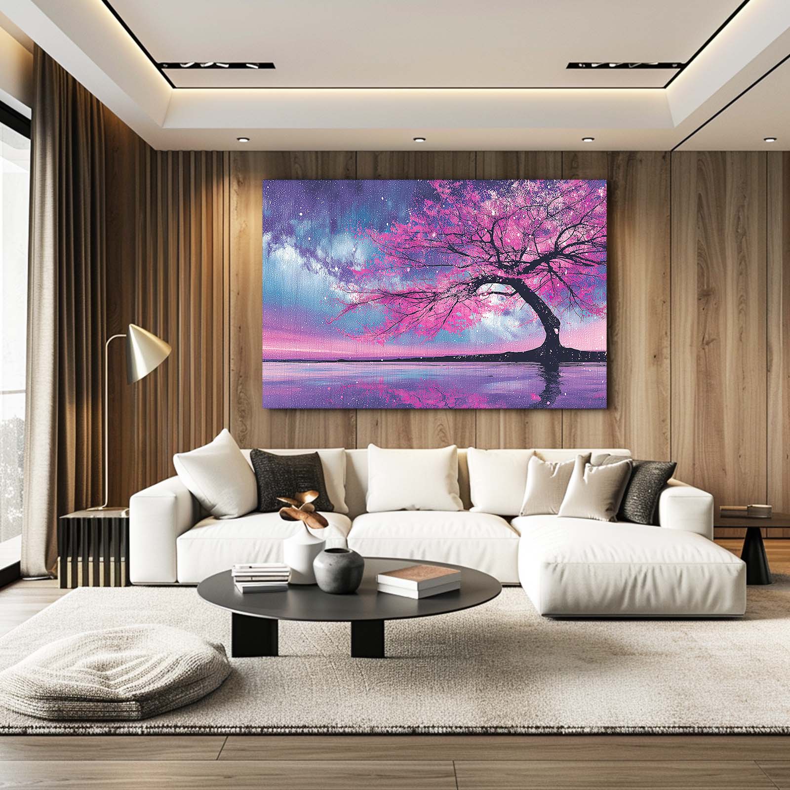 Lavender Lake Tree Cherry Blossom Canvas Art – styled in a furnished interior