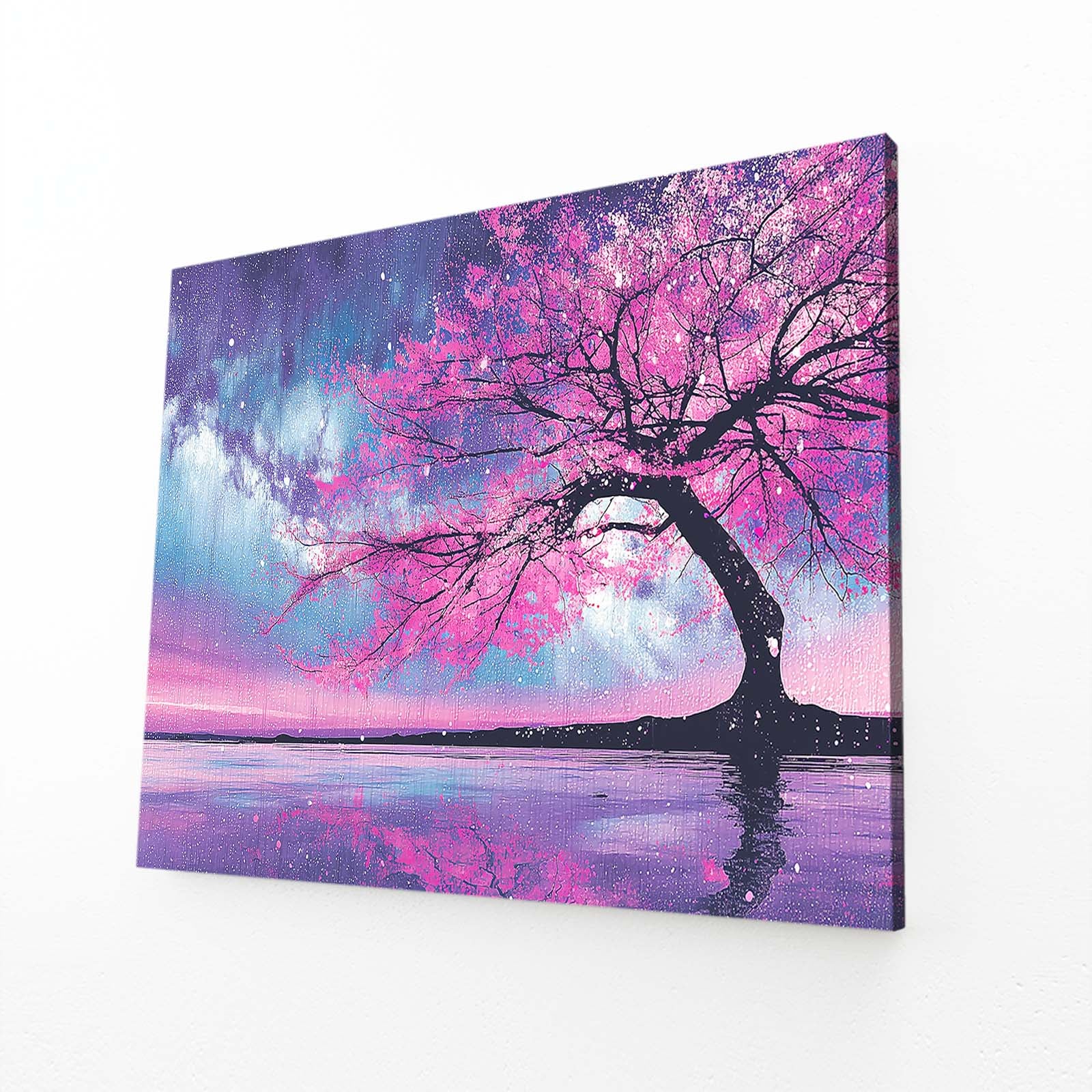 Lavender Lake Tree Cherry Blossom Canvas Art – angled canvas view on white background