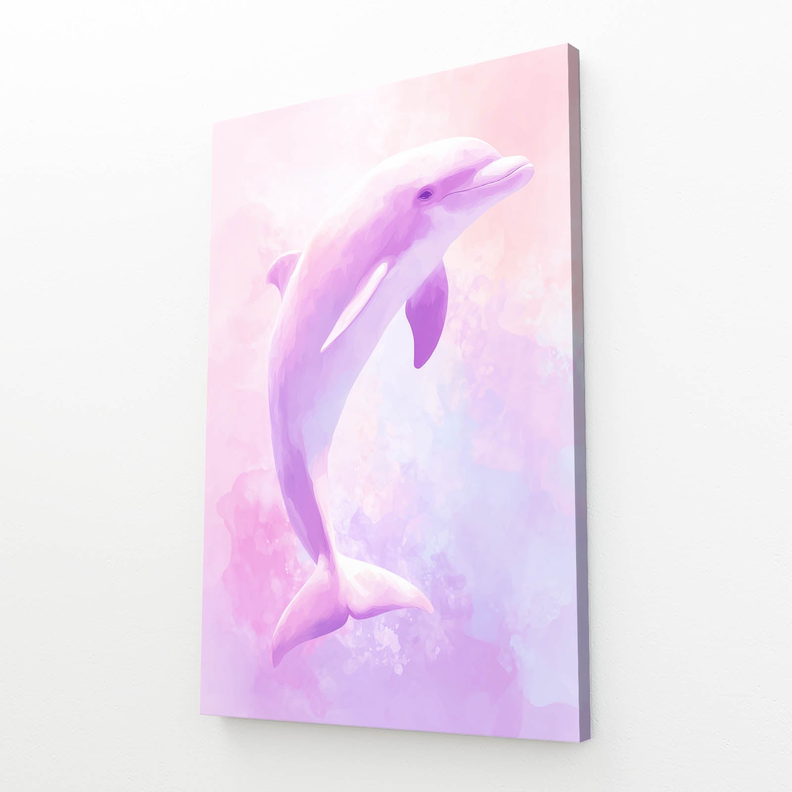 Lavender Sky Dolphin Art – angled canvas view on white background
