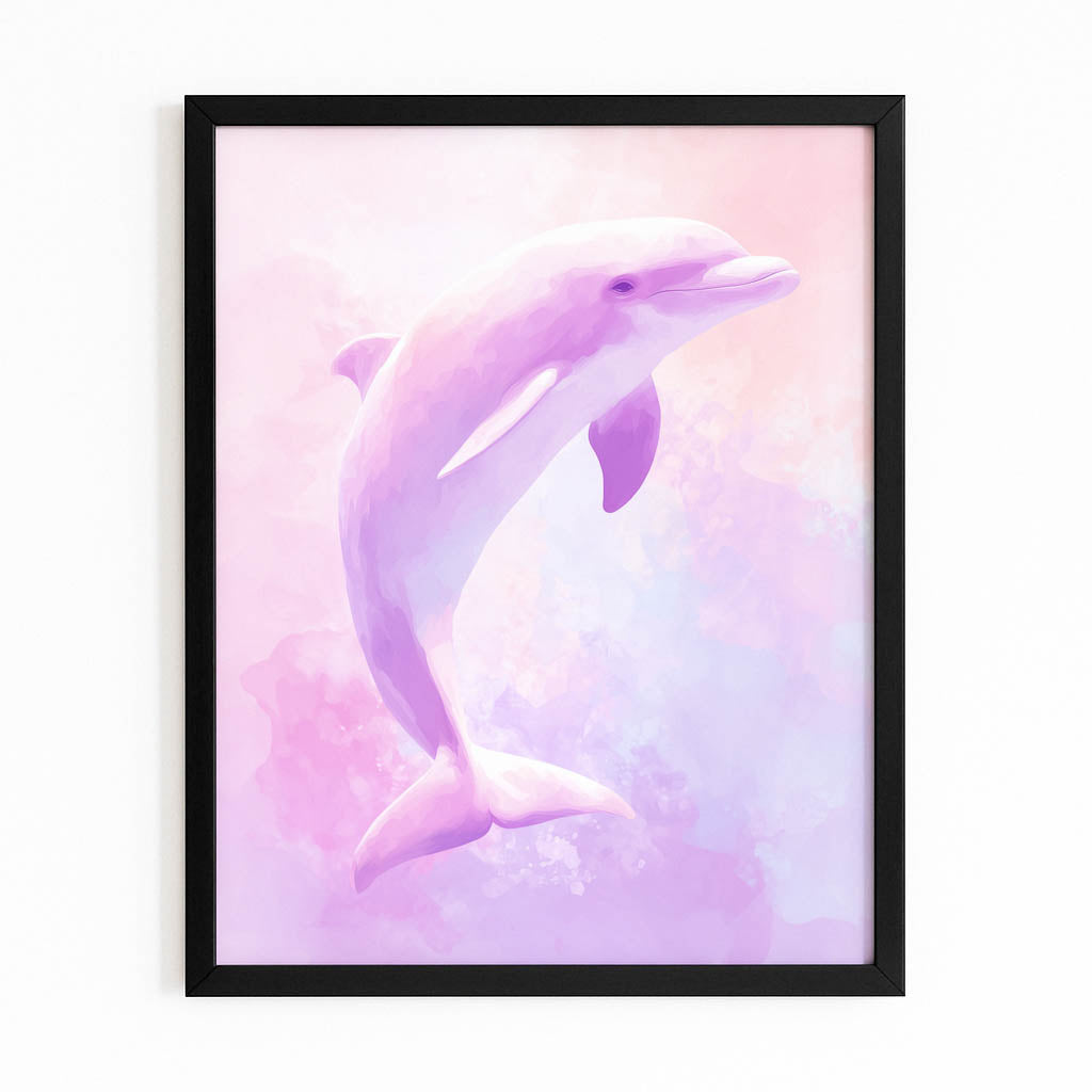 Lavender Sky Dolphin Art – with Premium Black wood frame on white background