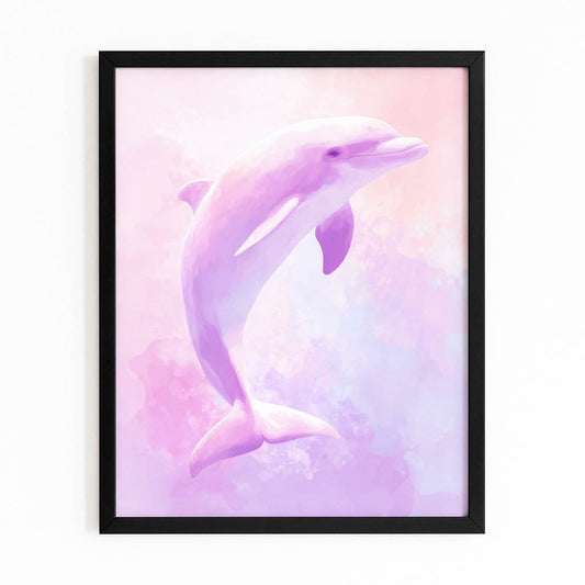 Lavender Sky Dolphin Art – with Premium Black wood frame on white background