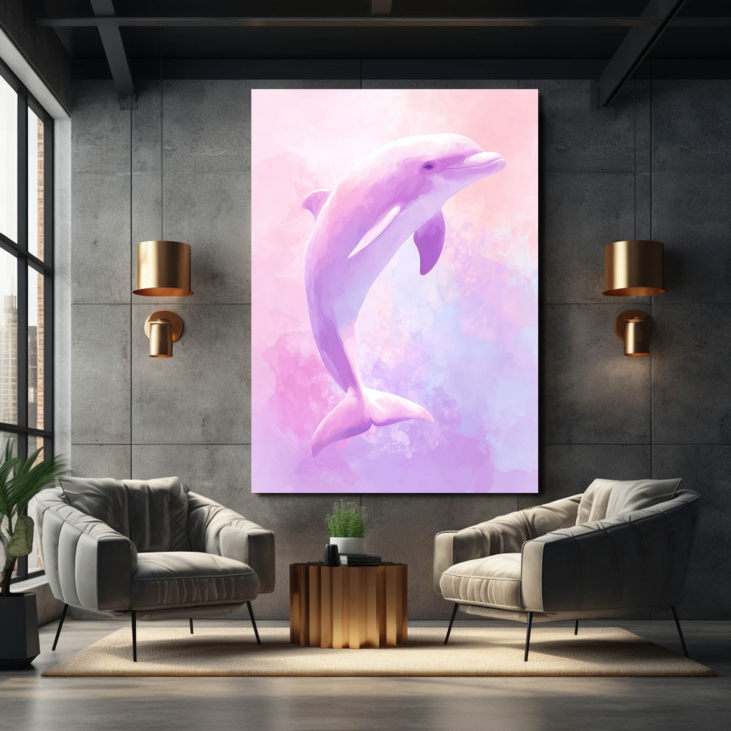 Lavender Sky Dolphin Art – styled in a furnished interior