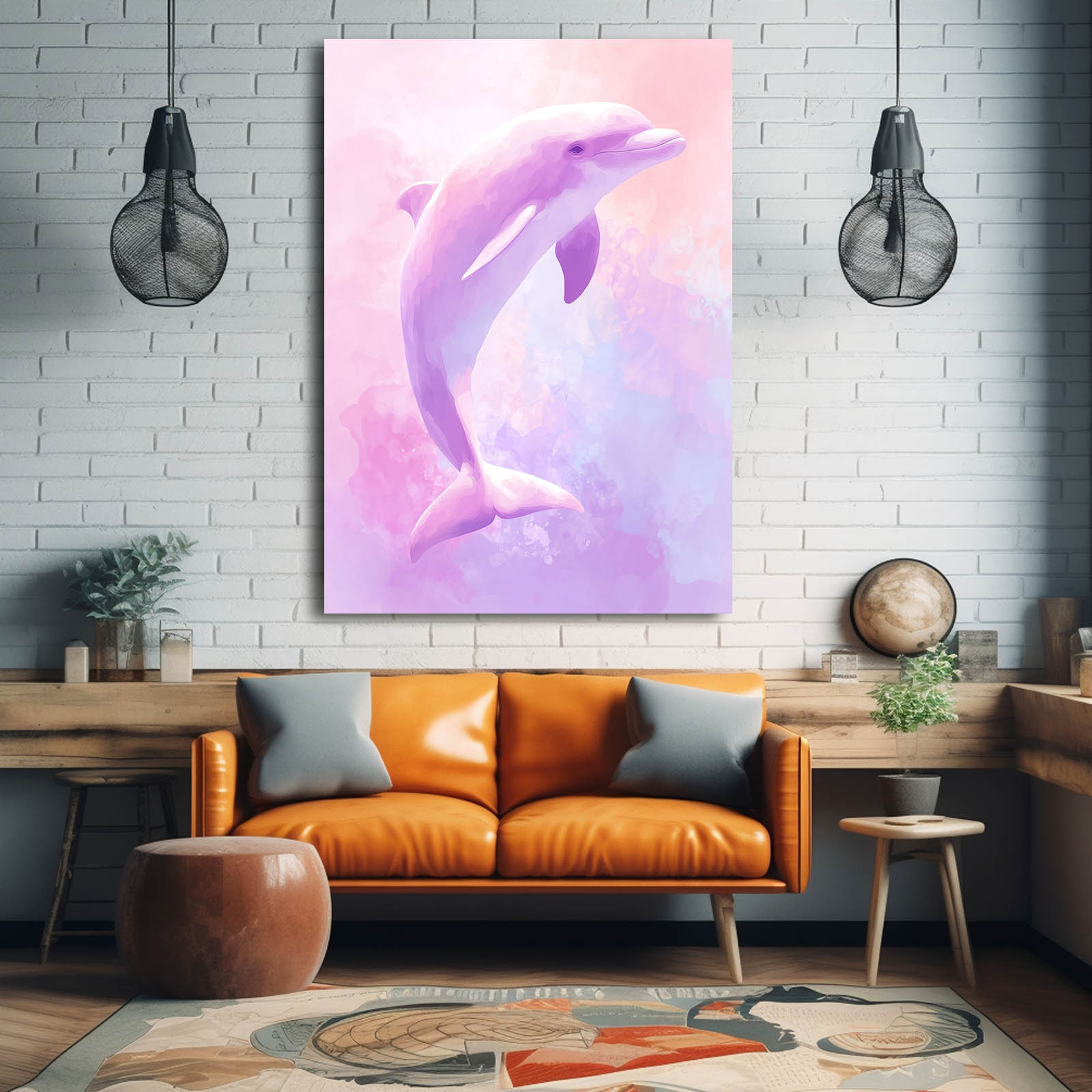 Lavender Sky Dolphin Art – styled in a furnished interior
