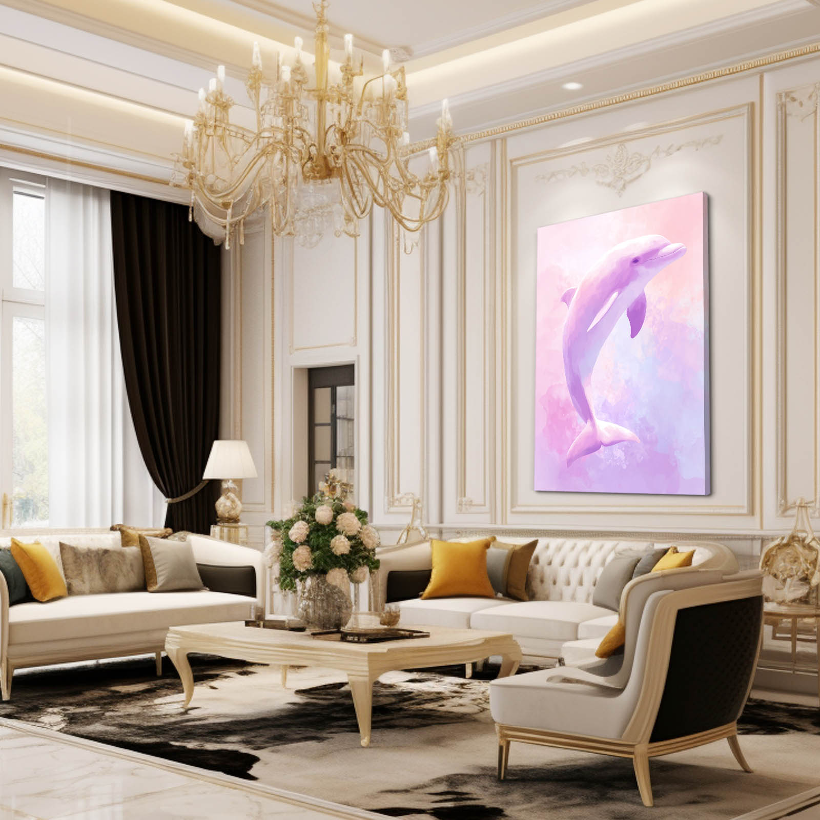 Lavender Sky Dolphin Art – styled in a furnished interior