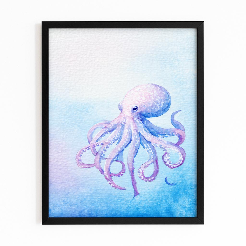 Lavender Watercolor Octopus Canvas – with Premium Black frame on white background