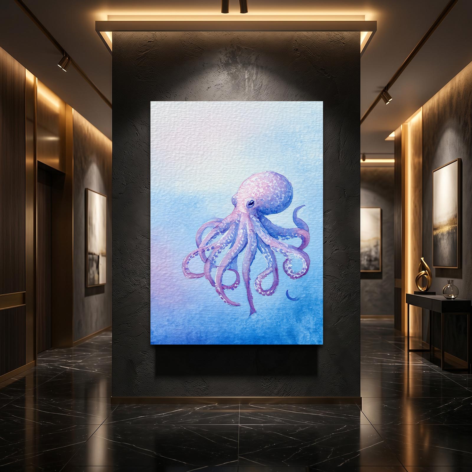 Lavender Watercolor Octopus Canvas – styled in a furnished interior