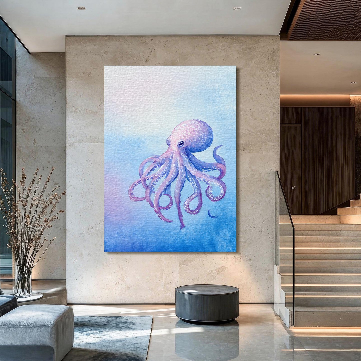 Lavender Watercolor Octopus Canvas – styled in a furnished interior
