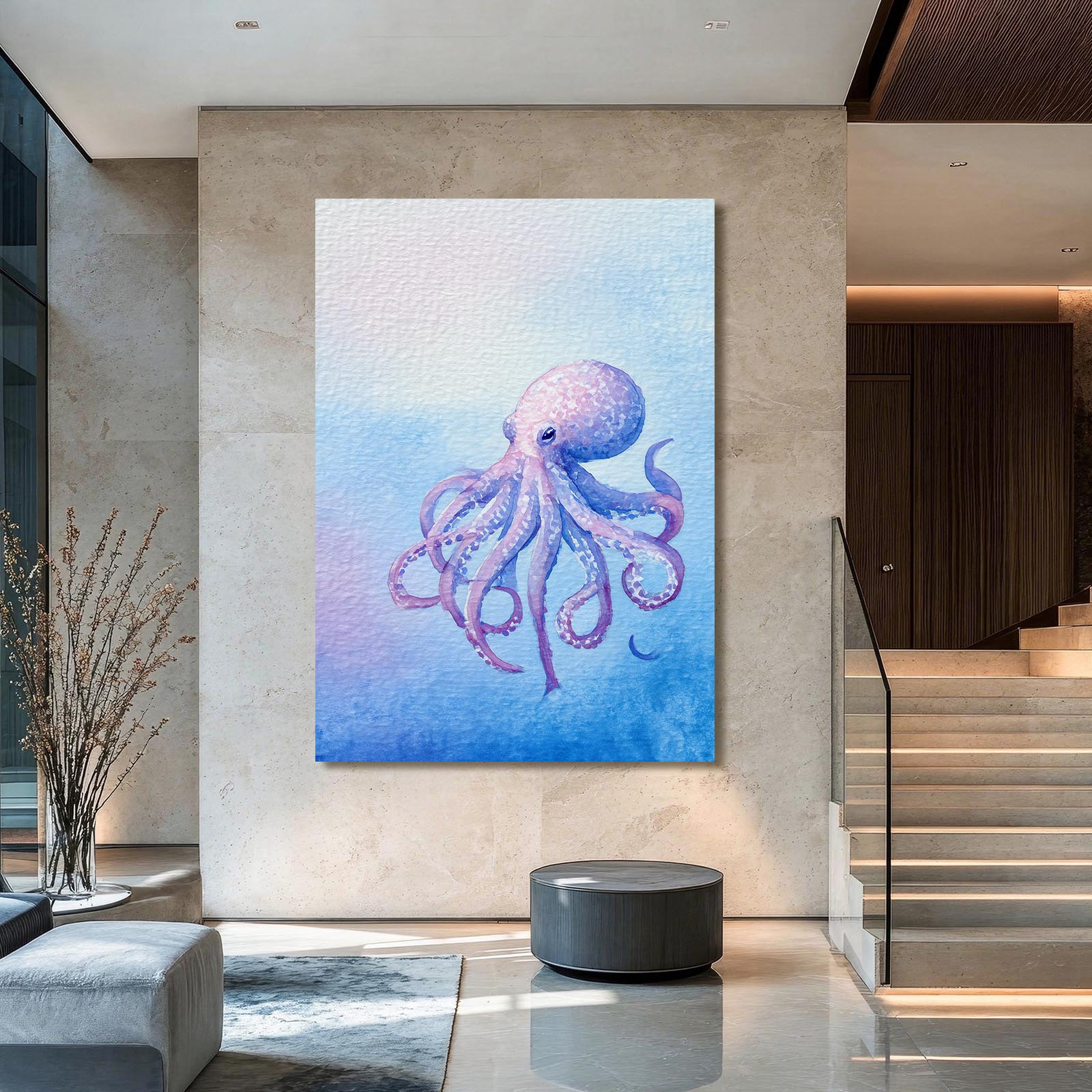 Lavender Watercolor Octopus Canvas – styled in a furnished interior