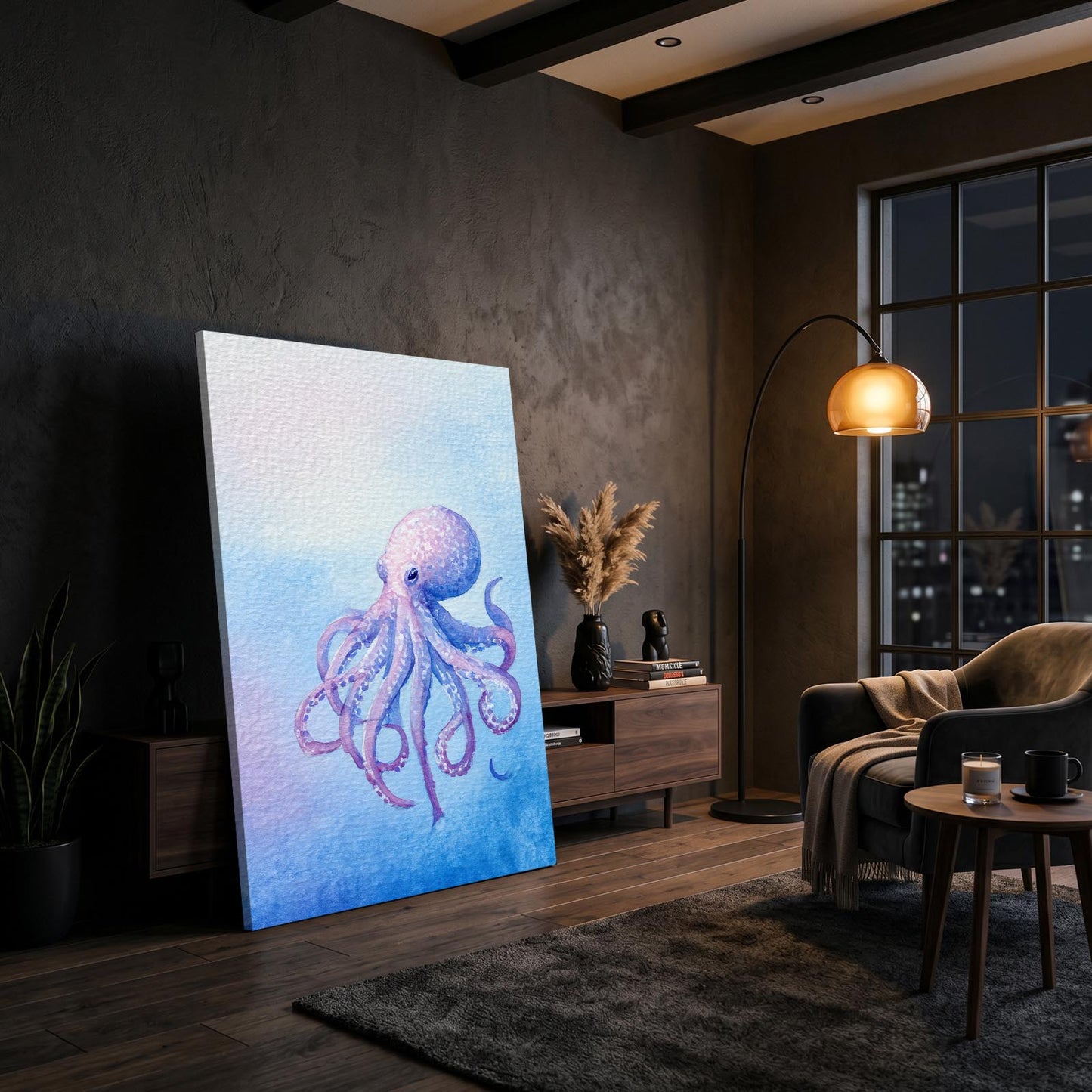 Lavender Watercolor Octopus Canvas – styled in a furnished interior