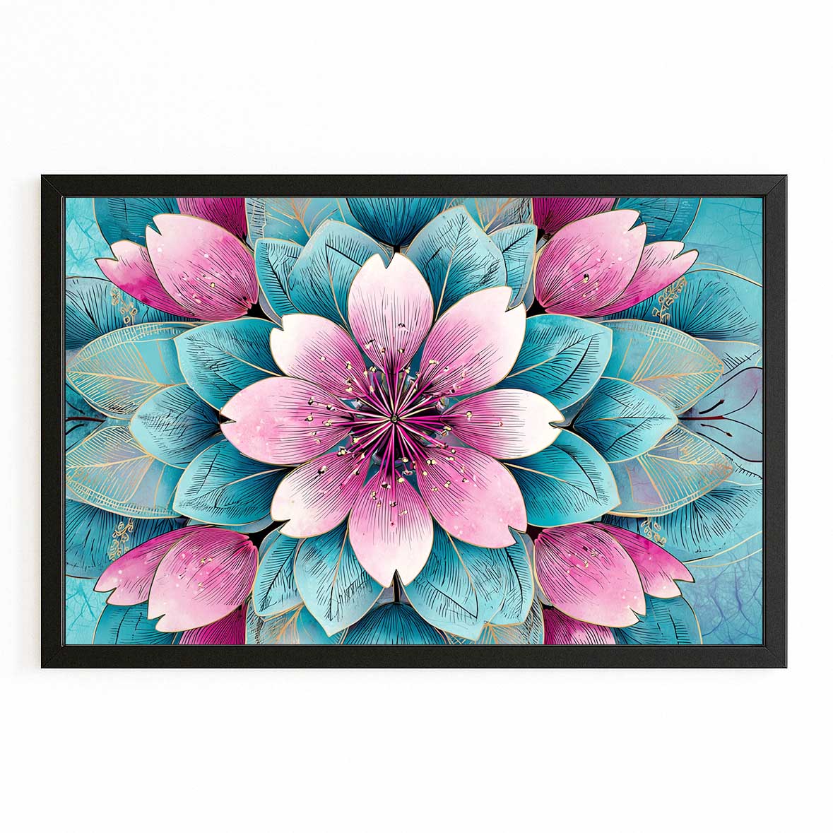 Layered Petal Mandala Cherry Blossom Wall Decor – with Premium Black frame on white background