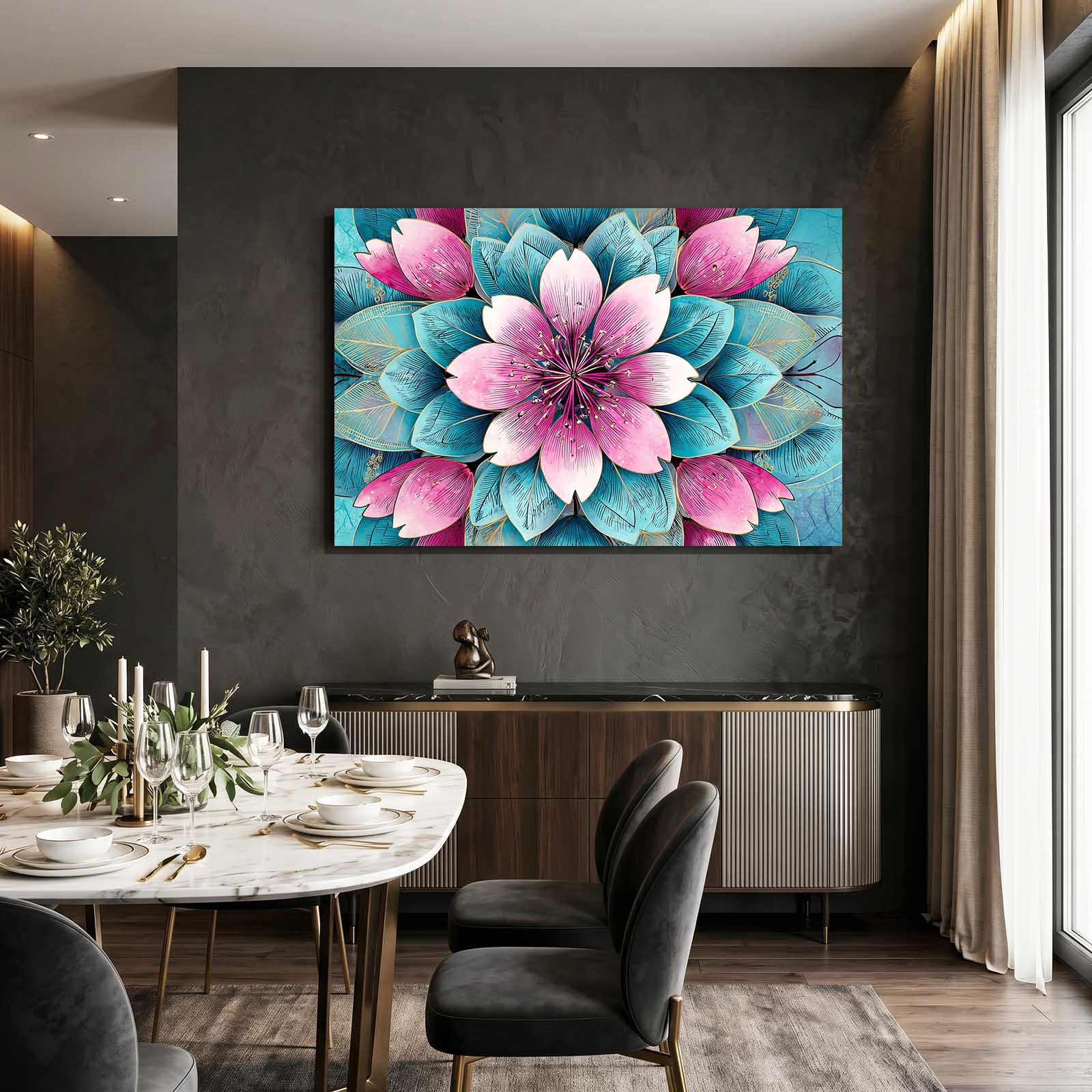 Layered Petal Mandala Cherry Blossom Wall Decor – styled in a furnished interior