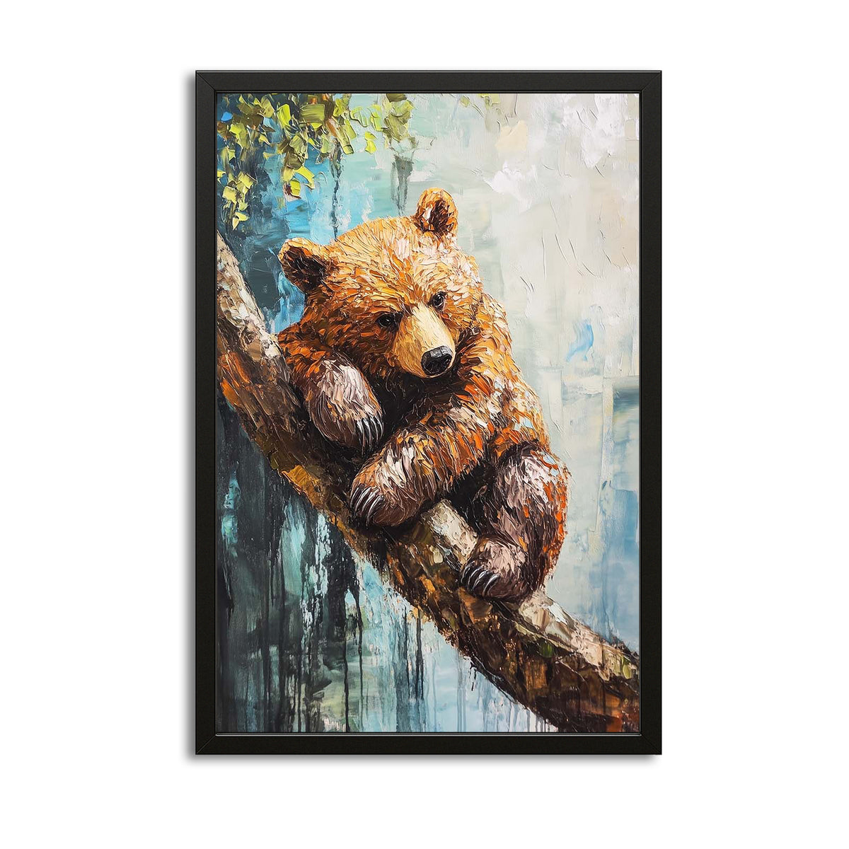 Lazy Bear Print — contemporary canvas print in brown tones, with Premium Black frame on white background