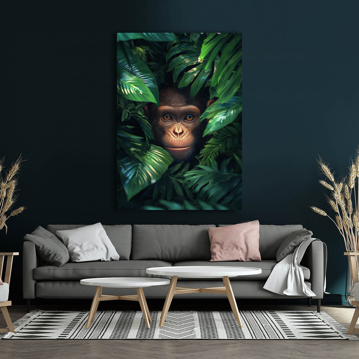 Leaf Peek Monkey Art — realism canvas print, styled in a furnished interior