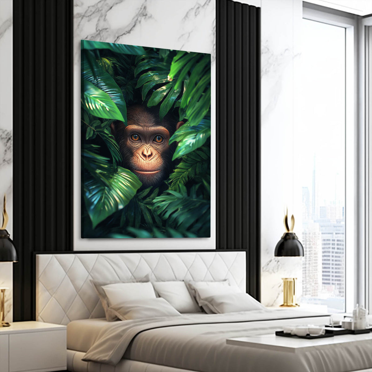 Leaf Peek Monkey Art — realism canvas print, styled in a furnished interior