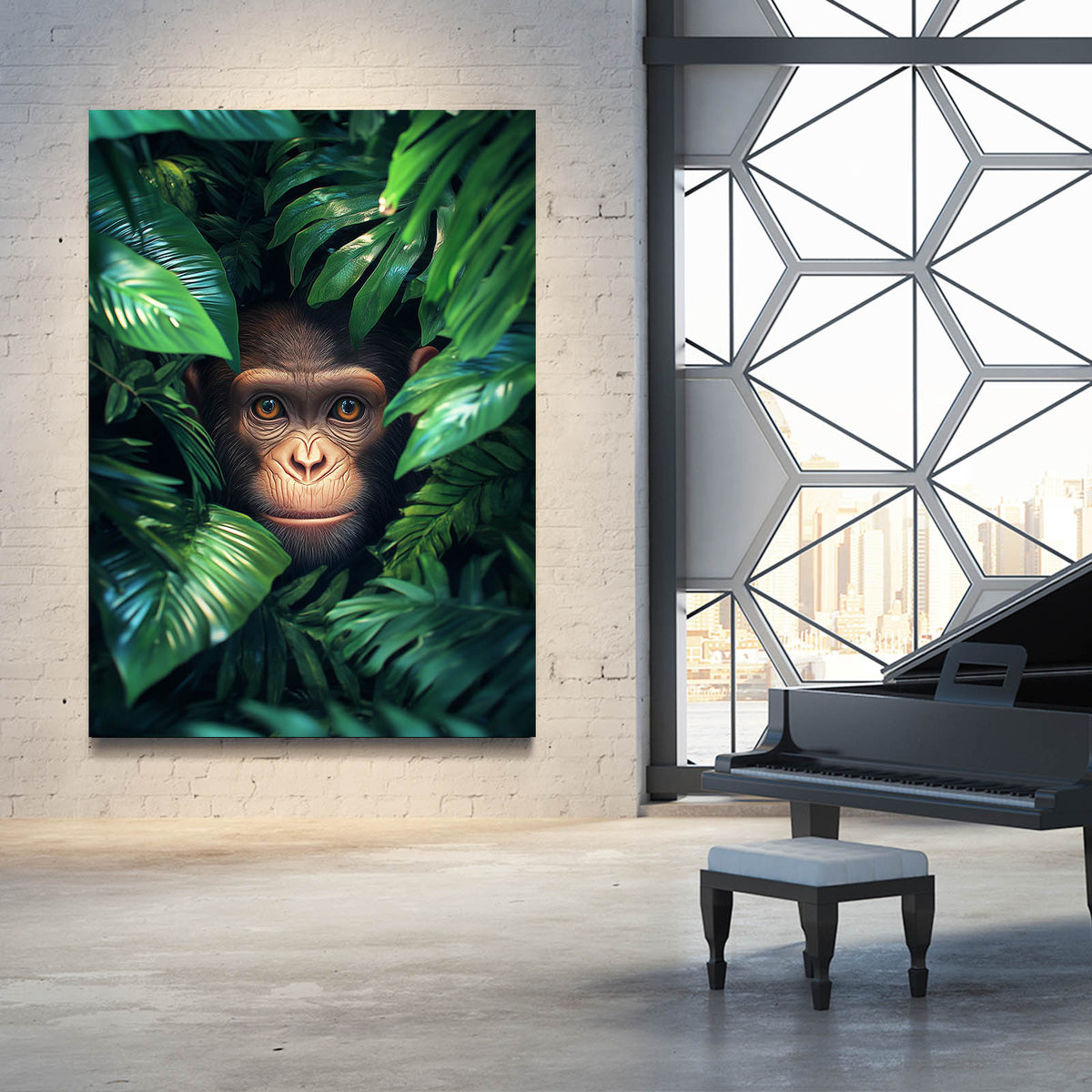 Leaf Peek Monkey Art — realism canvas print, styled in a furnished interior