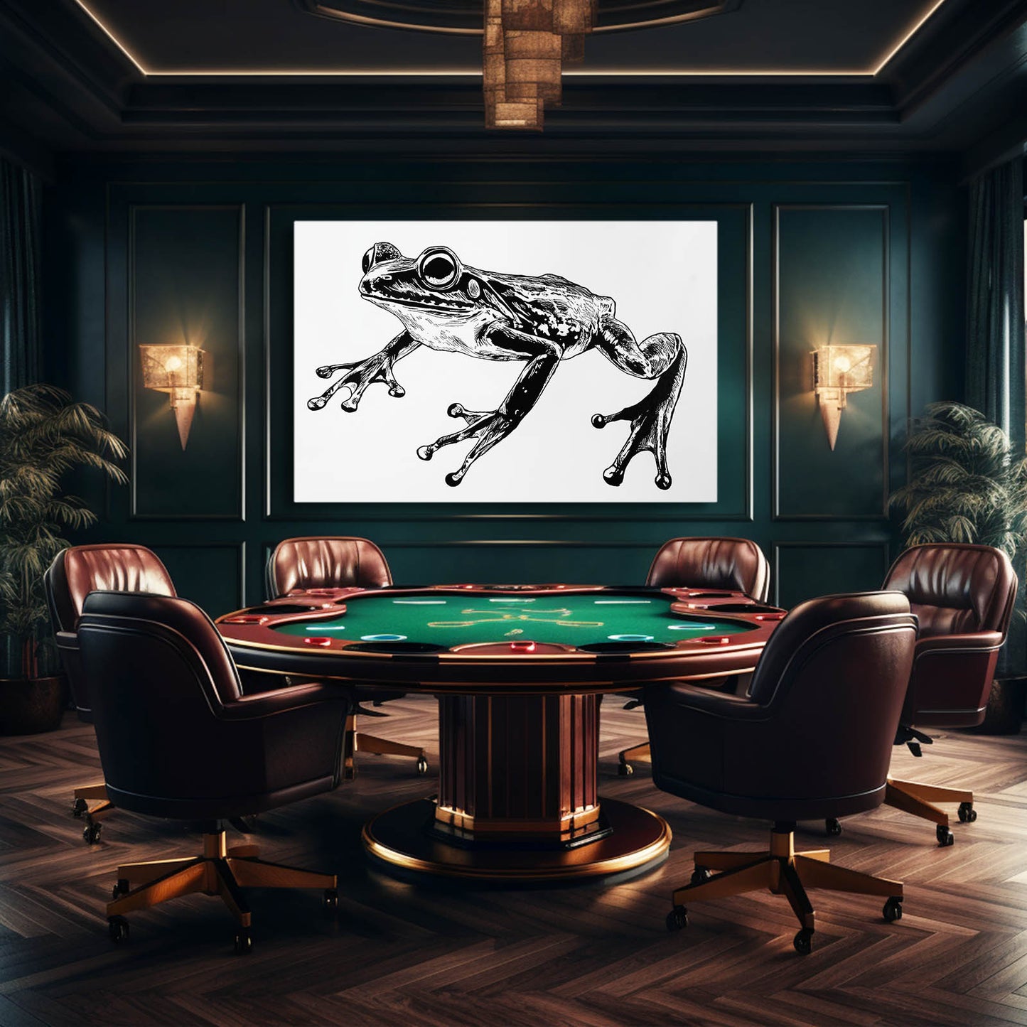 Leaping Ink Sketch Frog Canvas Art – styled in a furnished interior